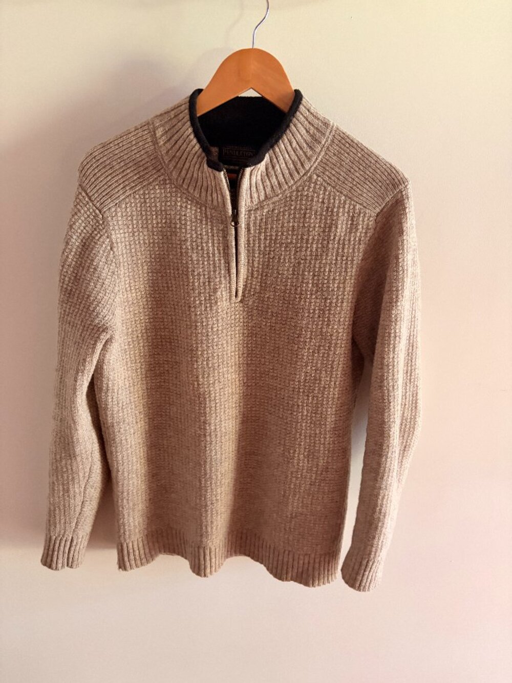Pendleton Mens Quarter Zip - Washable Wool, Tan, Size Small. 100% Wool